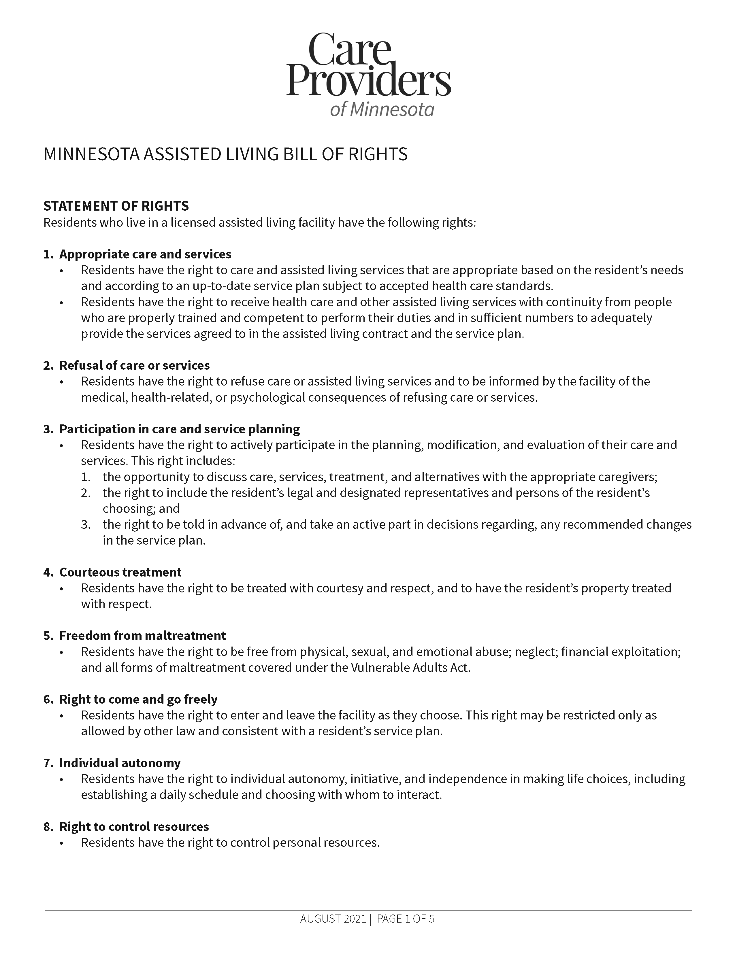 Minnesota Assisted Living Bill of Rights Form