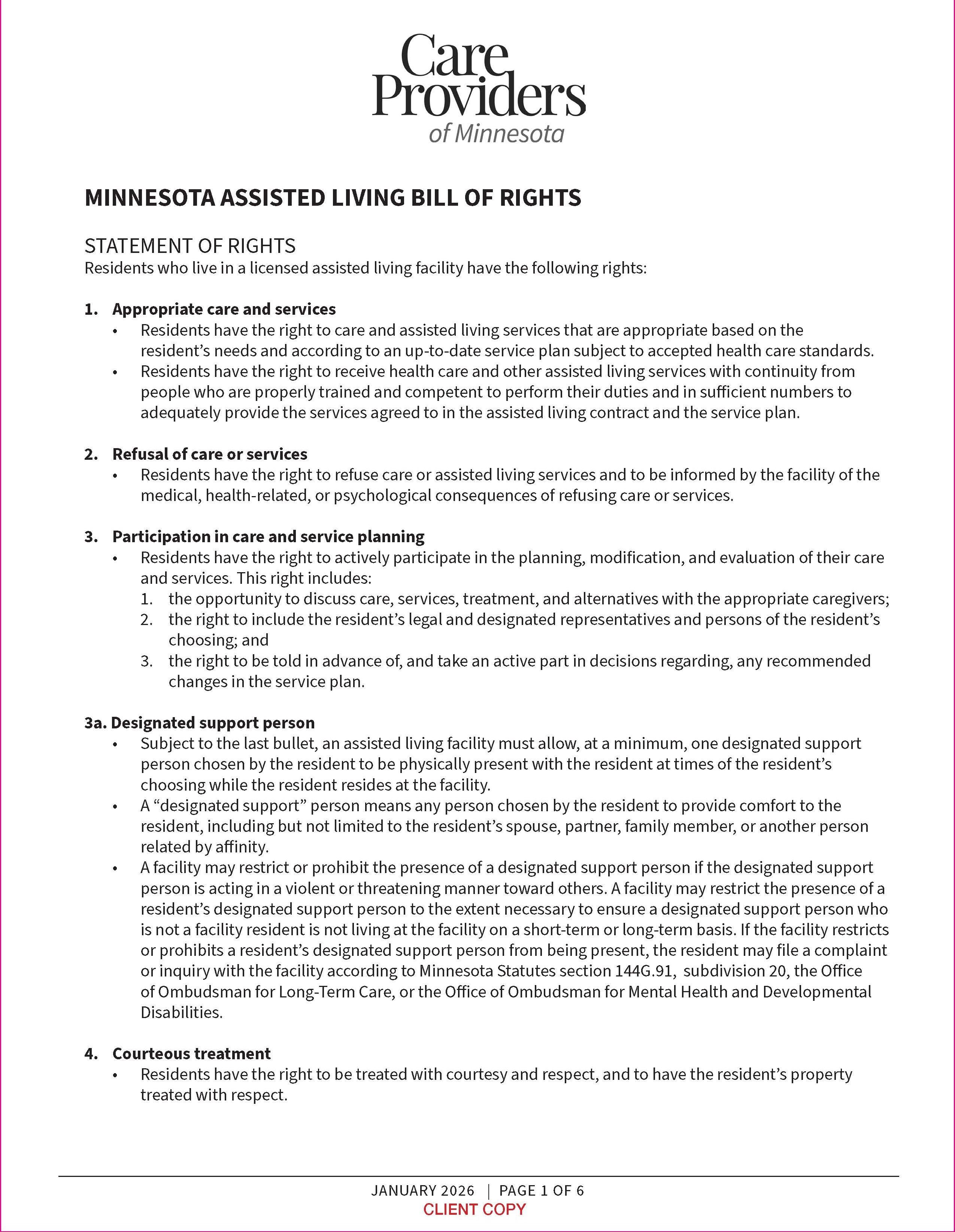 Assisted Living Bill of Rights Form