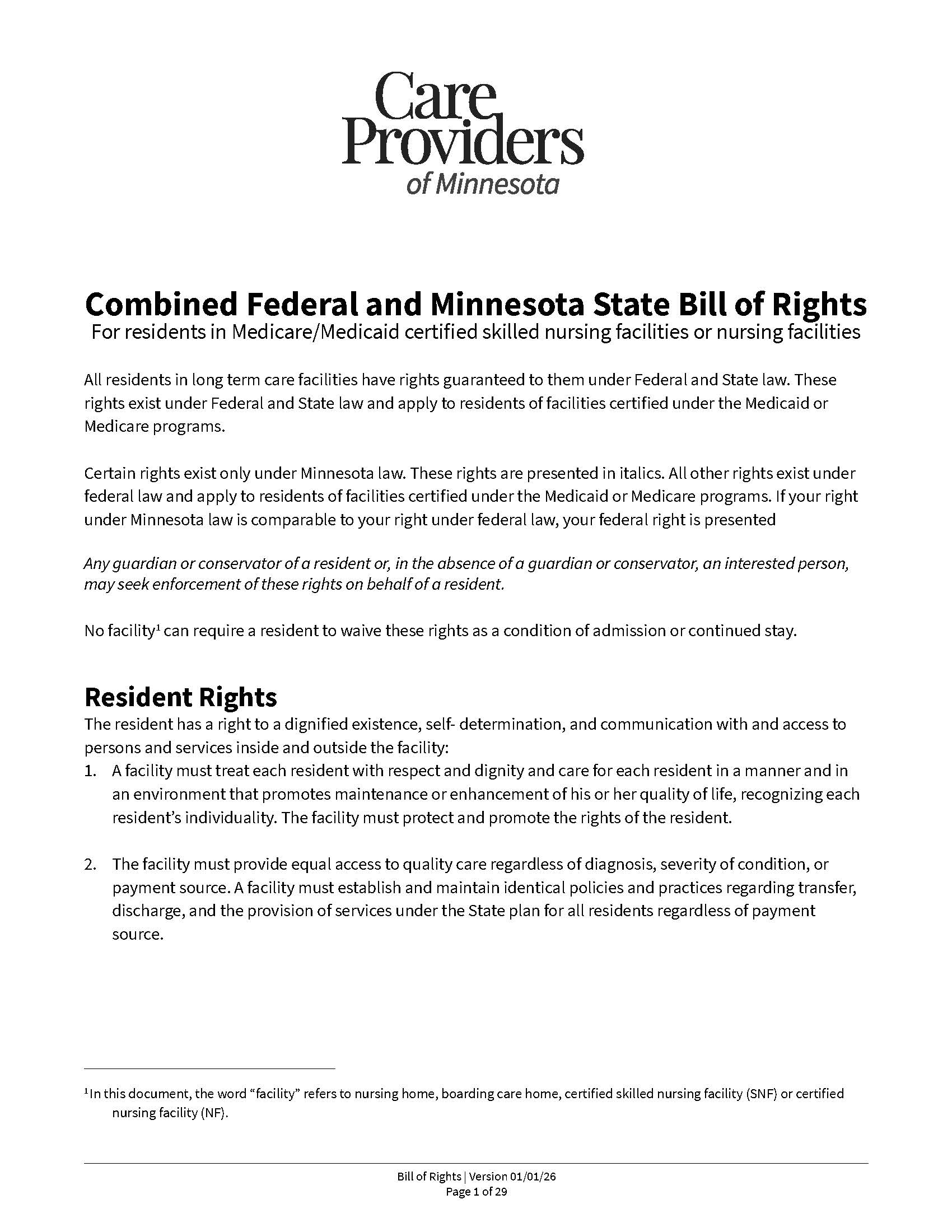 Skilled Nursing Facility Resident Bill of Rights Booklet with Signature Page (SNF/NF)